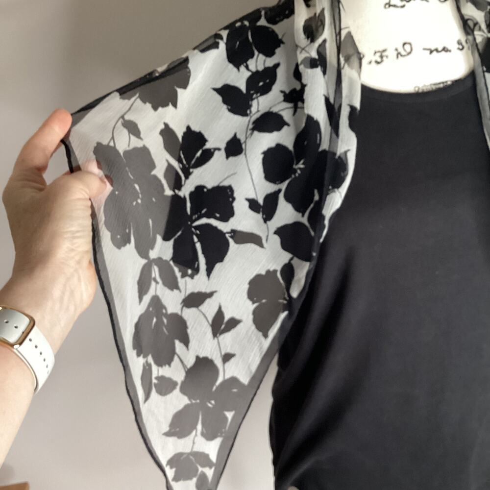 Ann Taylor 100% Silk Scarf Floral Black & White Rectangle Semi Sheer 2000s